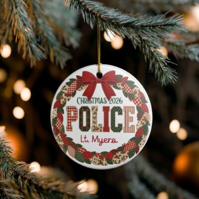 Police Christmas Quilted Patchwork Wreath Custom Ornament